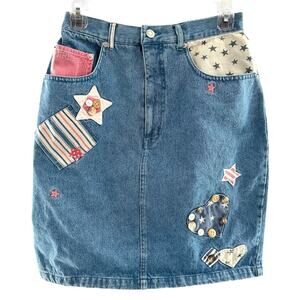 Vintage Denim Patchwork 100% Cotton Skirt Size 6 Cottagecore Patriotic Style